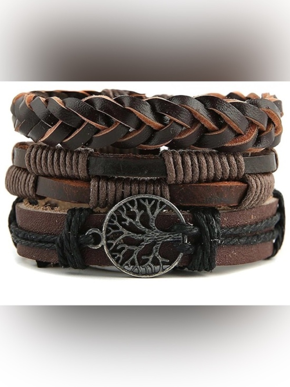 Tree Of Life Layered Black  Leather Bracelet Set